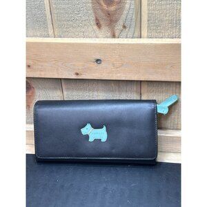 Radley London Black Heritage Dog Large Flapover Leather Wallet W/ Mint Polka Dot